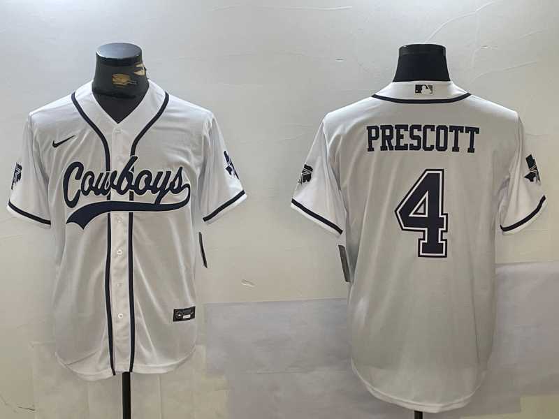 Mens Dallas Cowboys #4 Dak Prescott White With Navy Name Cool Base Stitched Baseball Jersey